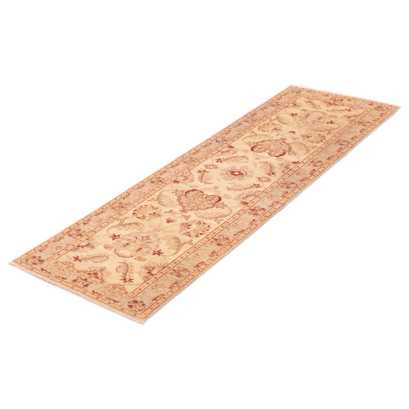 Tapis de couloir en laine noué à la main de conception unique 2 pi 11 po x 9 pi New Age en crème / beige / gris
