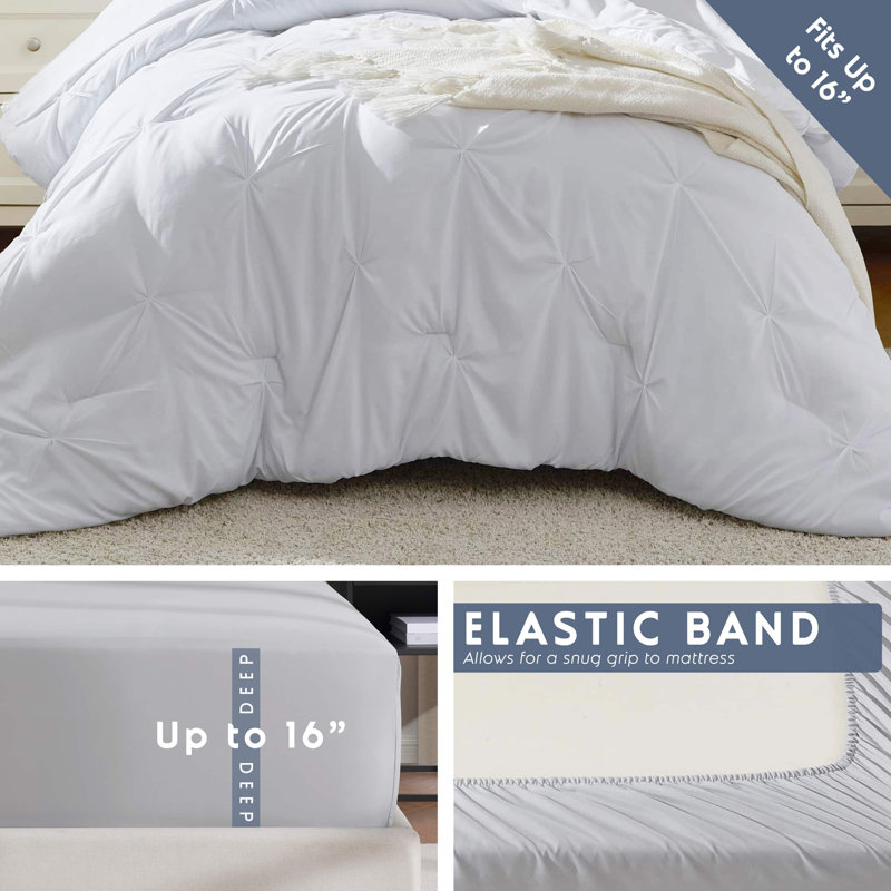 Bed-in-A-Bag Pleated Comforter Set with Bed Sheets, White, Twin Comforter + 4 Additional Pieces