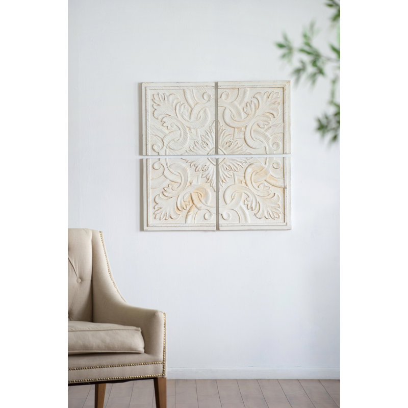 Panneaux 100% bois de sapin naturel, 17,5 x 17,5 po, délavé blanc délavé, détail complexe pour un médaillon de décoration d'intérieur polyvalent
