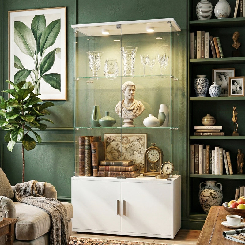 3-Tier Double Door Glass Display Cabinet with Bottom Storage Cupboard & LED Puck Lights,  Tall Curio Cabinet, Black / White