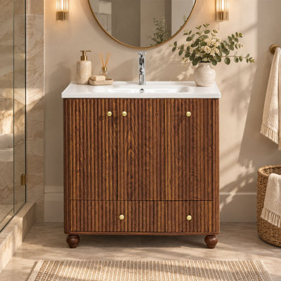 Ensemble de meuble-lavabo flottant moderne 36 "avec lavabo en céramique intégré, meuble-lavabo mural Wavy-Line