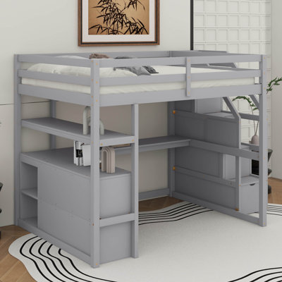 Lit mezzanine double avec bureau et tablettes