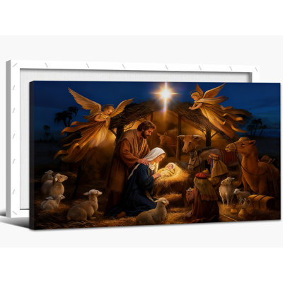 Art mural sur toile de la Nativité - Oh la nuit, décoration murale, scène de la Nativité, décoration murale pour le salon, Noël, reproduction de la peinture sur toile, 20 x 40 po
