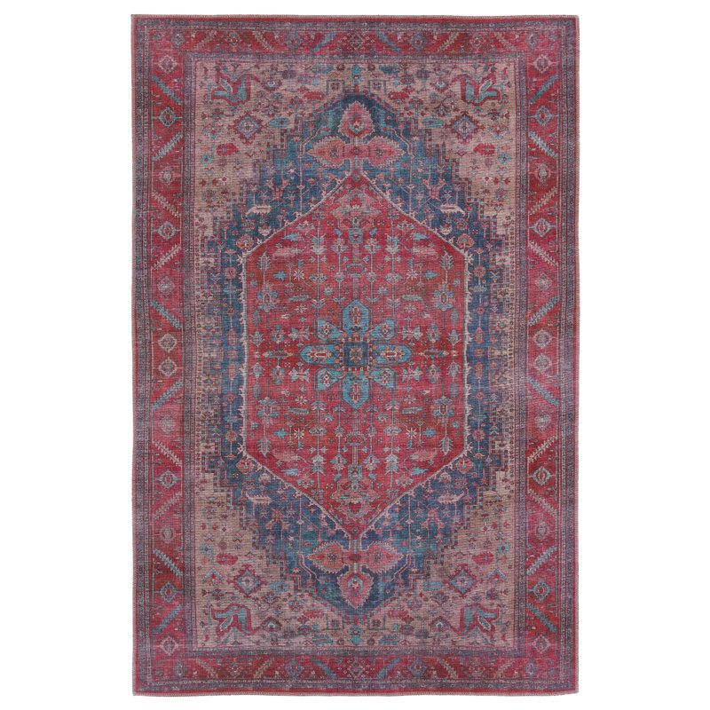 Tapis rouge / bleu lavable à la main Beesley, Rectangle 10 pi 6 po x 14 pi