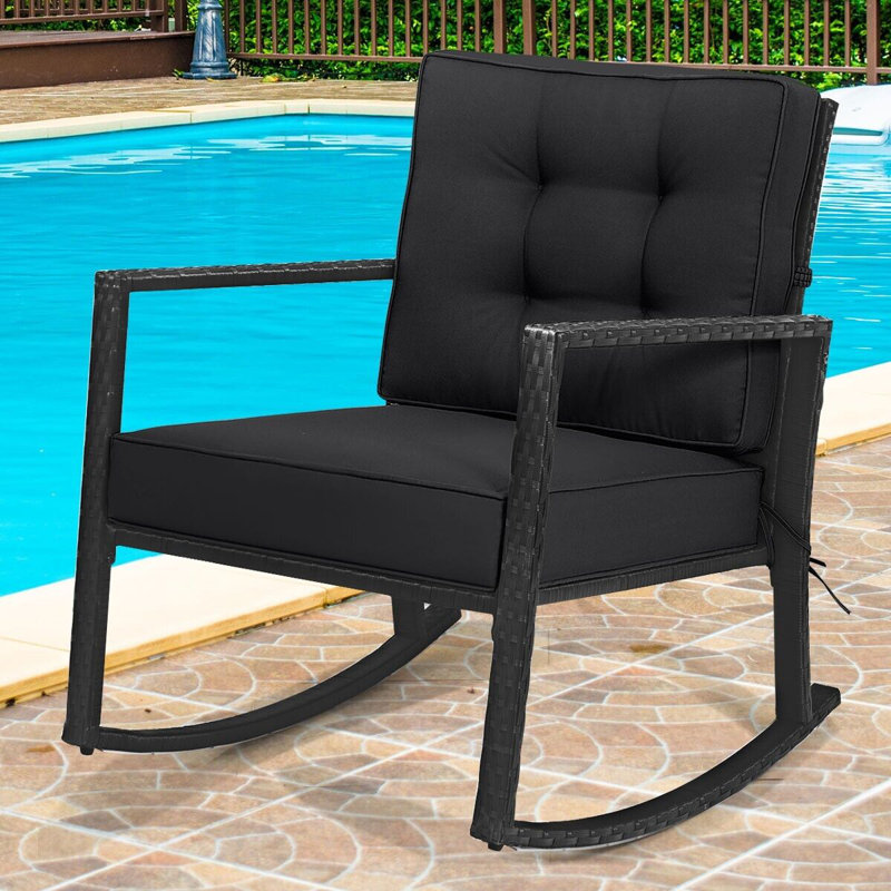 Shawen Wicker Outdoor Rocker Chair with Cushions, Black