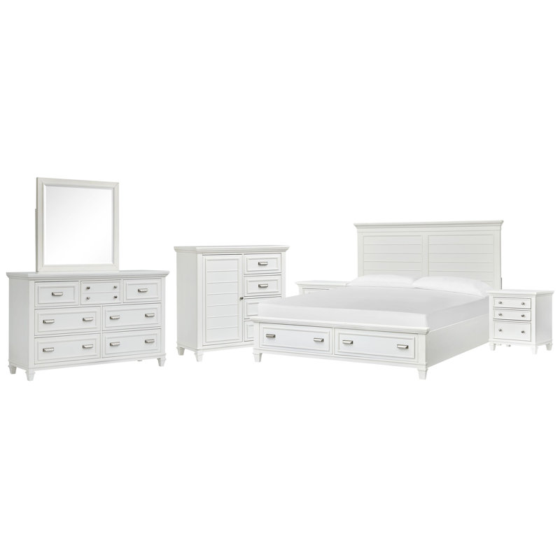 Très grand lit à panneau de rangement blanc avec 2 tiroirs et commode avec miroir de paysage et commode, Blanc, Très grand