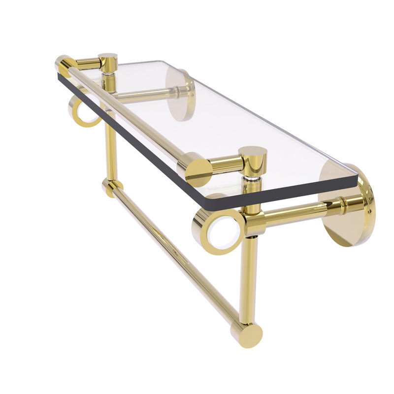 Margolis Glass Bracket Shelf with Towel Bar, 6.7" H x 16" W x 5.8" D, Unlacquered Brass