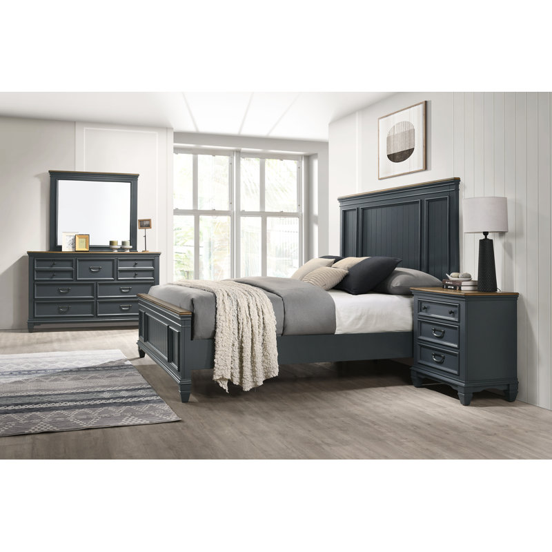 Semaj Wood Bedroom Set With Shiplap Panel King Bed, Dresser, Mirror, and Two Nightstands, Blue, King