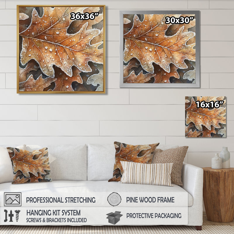 Frosty Oak Leaf III - feuilles, art mural, Reproduction encadrée d'une seule photo, Argent, H 16 po x l 16 po