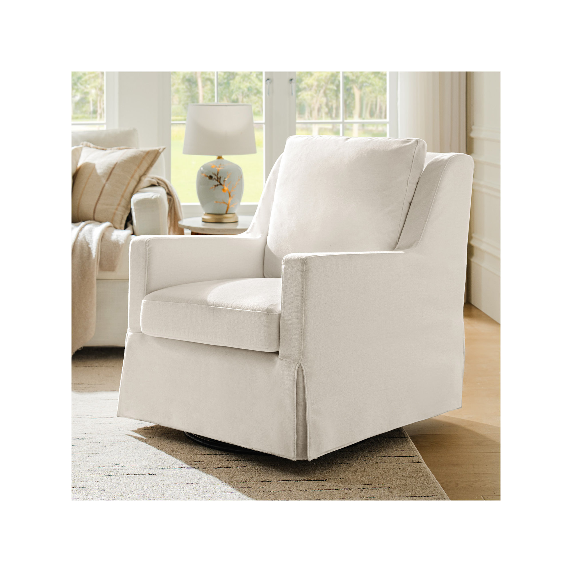 Minni Farmhouse Swivel Rocking Chair, Ivory