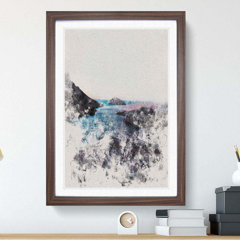 Sea View from Marseille in France Watercolour - Picture Frame Graphic Art, 65cm H x 48cm W x 2cm D, Walnut
