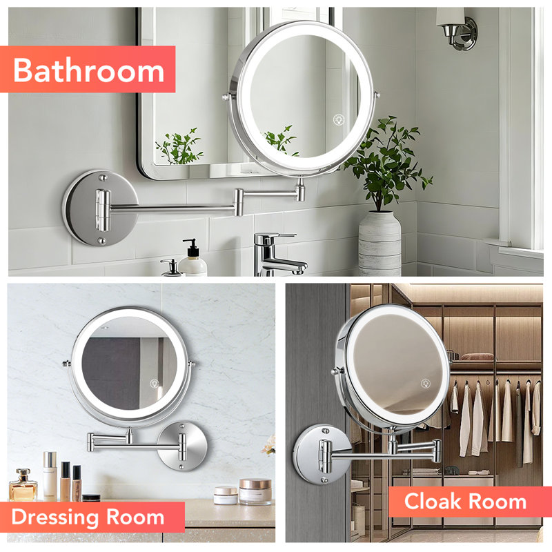 8.5" Led Round Metal Wall Mirror Rechargeable 1x/10x Magnifying Makeup Mirror, Chrome, Chrome