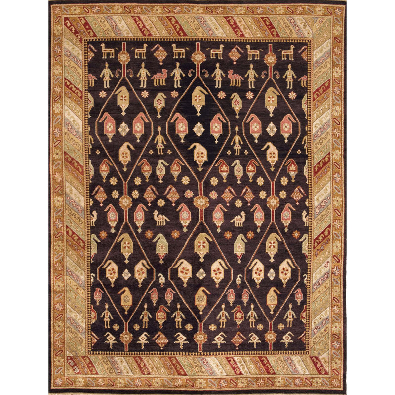 Tapis oriental en laine noué à la main en noir / brun / rouge / beige, Rectangle 8 pi x 10 pi