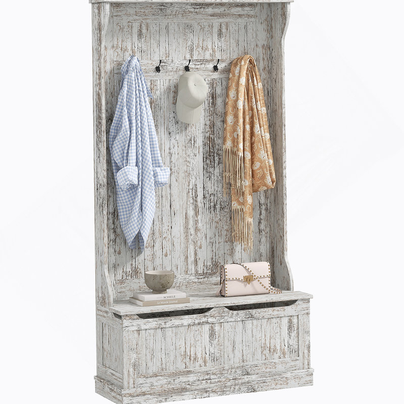 3-In-1 Entryway Hall Tree with Storage Bench, Coat Rack with Five Hooks and Shoe Storage, Distressed White