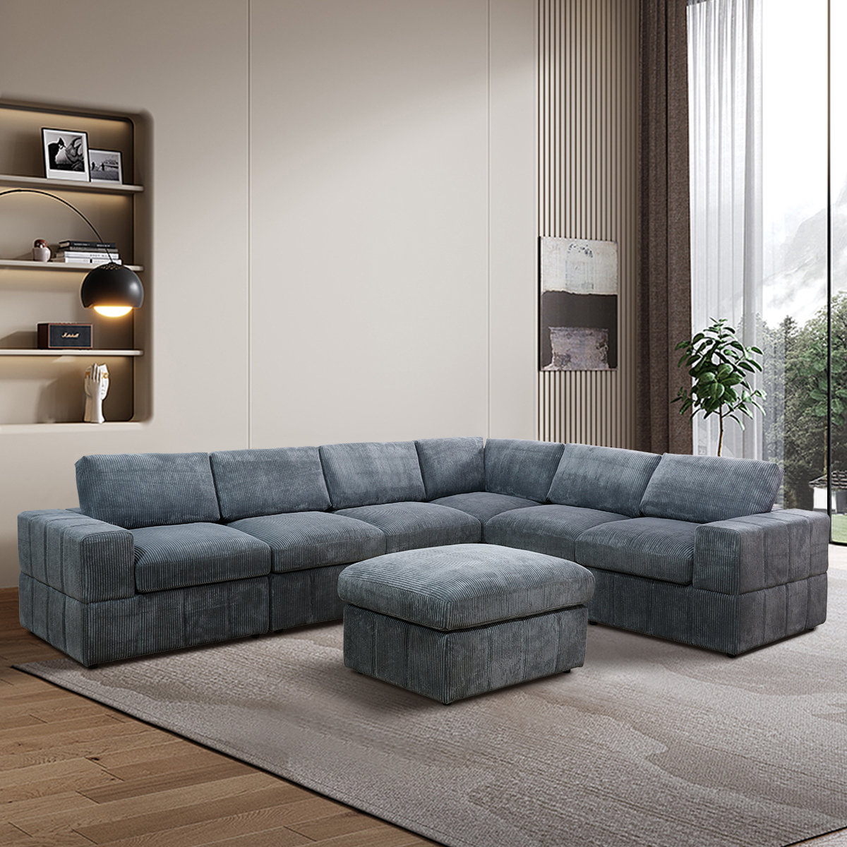 Mackennah 110.02 in. W Rolled Arms 4-Seat L Shaped Soft Corduroy Fabric  Modern Sectional Sofa with Reversible Ottoman