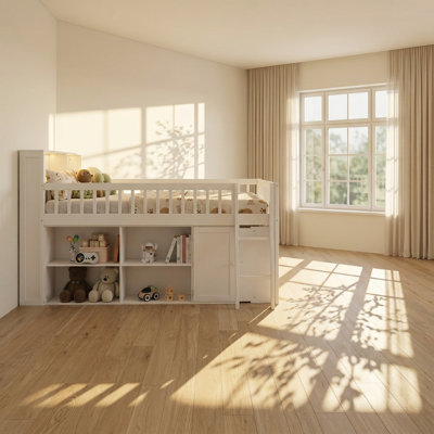 Grand lit mezzanine en bois avec éclairage DEL et rangement intégré Abberton l 60 po x P 89,2 po x H 51 po