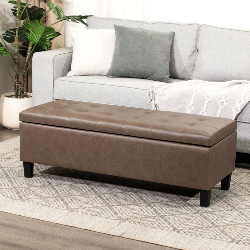 45" Tufted Faux Leather Storage Bench Ottoman For Living Room, Light Brown