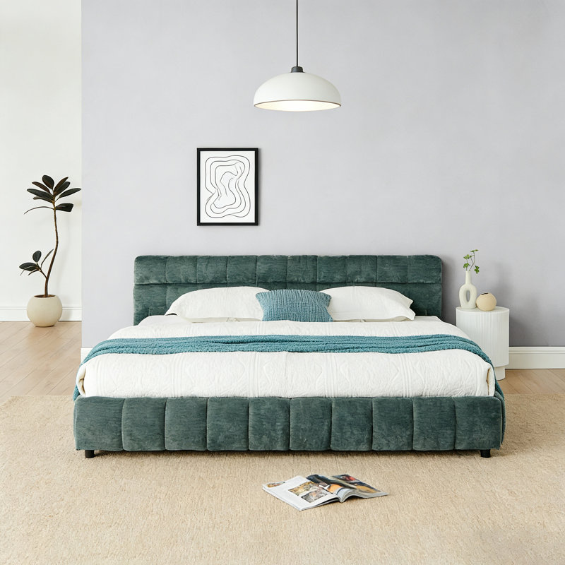 Lit très grand tapissier en chenille avec tiroir de rangement et structure solide, Bleu vert