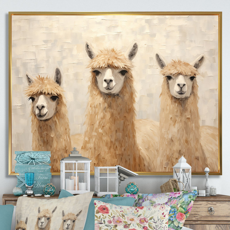 Minimalisme, Alpagas mignons sur toile, H 16 po x l 32 po x P 1 po, Cadre flottant doré