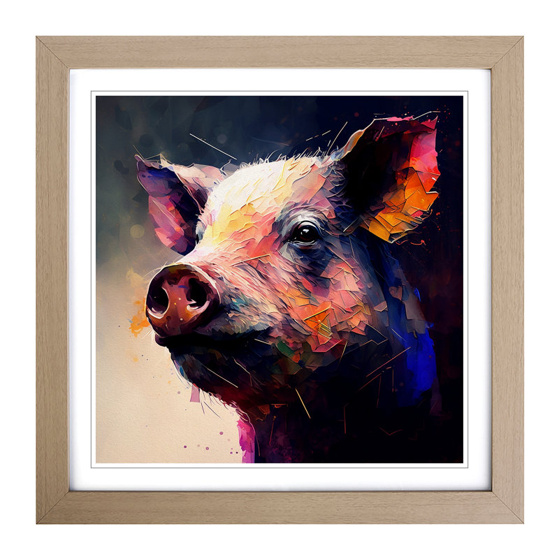 Pig Abstract - Single Picture Frame Print on Wood, Oak