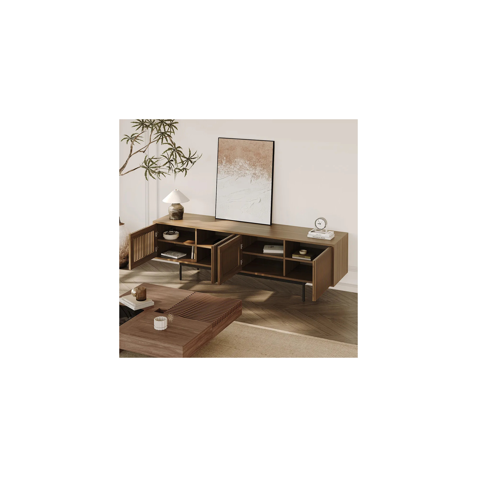Mid-Century Modern TV Stand, 21.26" H x 78.74" W x 18.89" D, Walnut