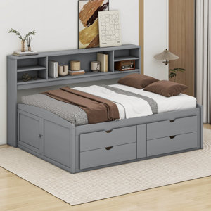 ( incomplete) Full Size Wood Daybed with 2 Bedside Cabinets, Upper Shelves and 4 Drawers antique brown 