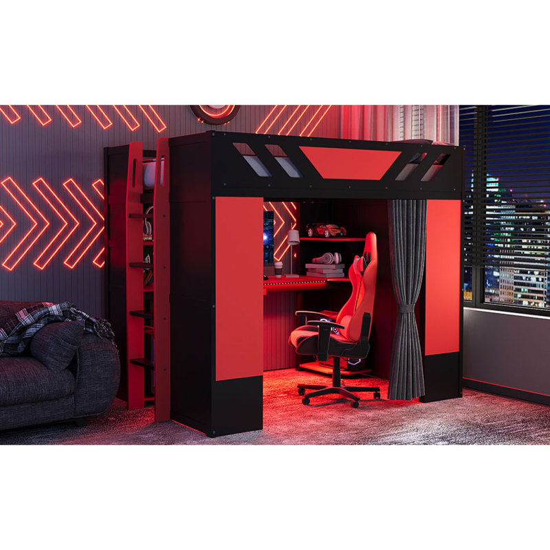 Lit mezzanine en bois pleine grandeur avec tablettes, rideaux occultants et lumières RVB, noir et rouge