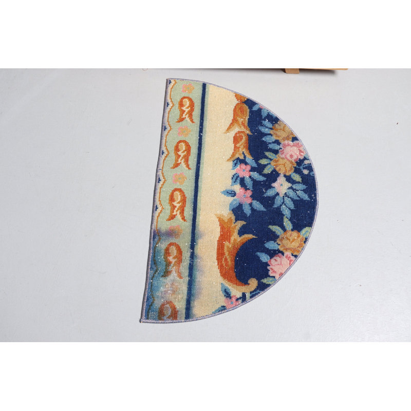 Vintage Small Round Turkish Antique Blue Rug - Old Anatolian Wall Hanging Carpet 9530
