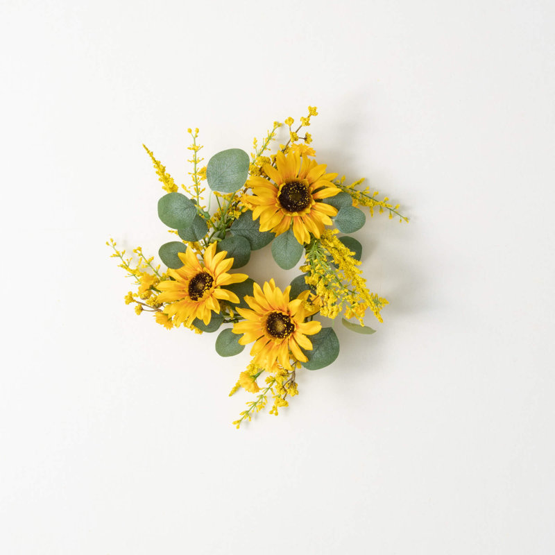 Couronne de tournesol artificielle éclairée en polyester avec eucalyptus, H 24 po x l 24 po x P 5 po