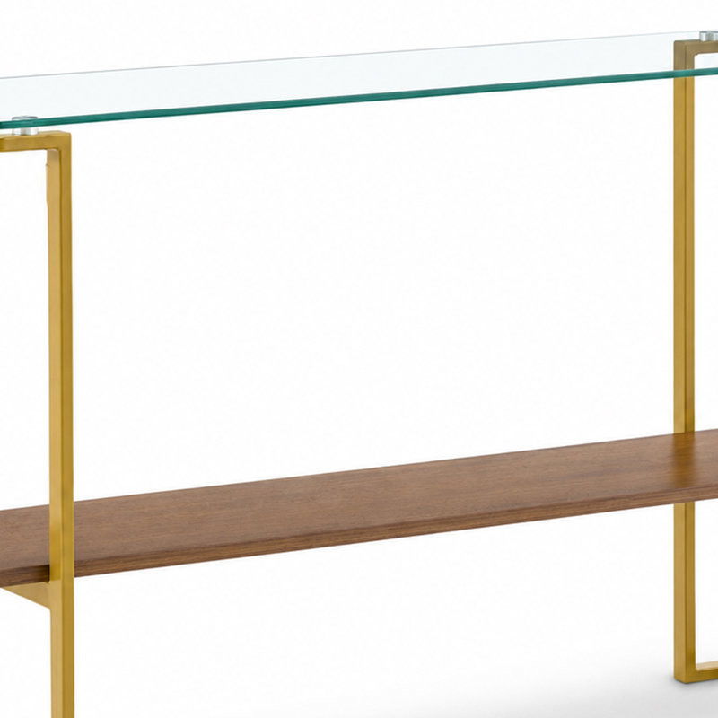 Console à deux niveaux, style moderne du milieu du siècle, avec plateau en verre transparent.
