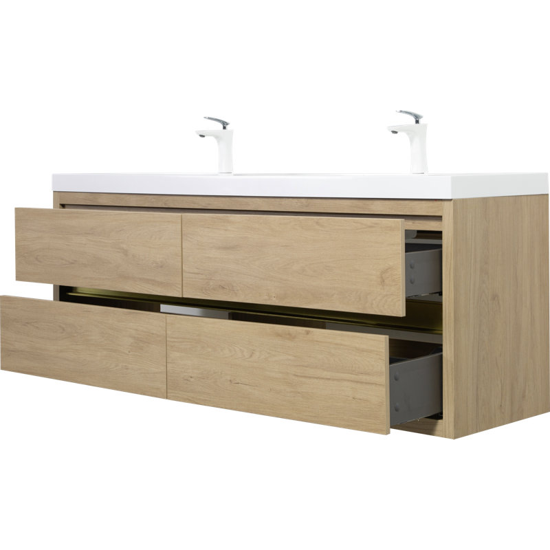 Meuble-lavabo flottant 72 po avec double lavabo, tiroirs à fermeture en douceur, comptoir en résine, Chêne naturel