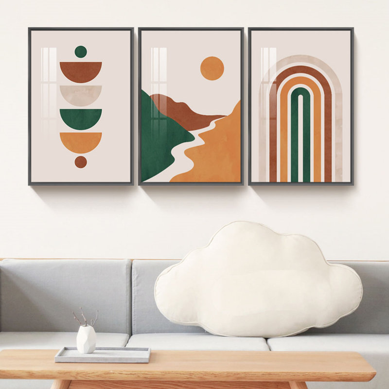 "Modern Geometric", impression sur toile encadrée 3 pièces pour salon, Cadre noir, H 17 po x l 37 po x P 4 po