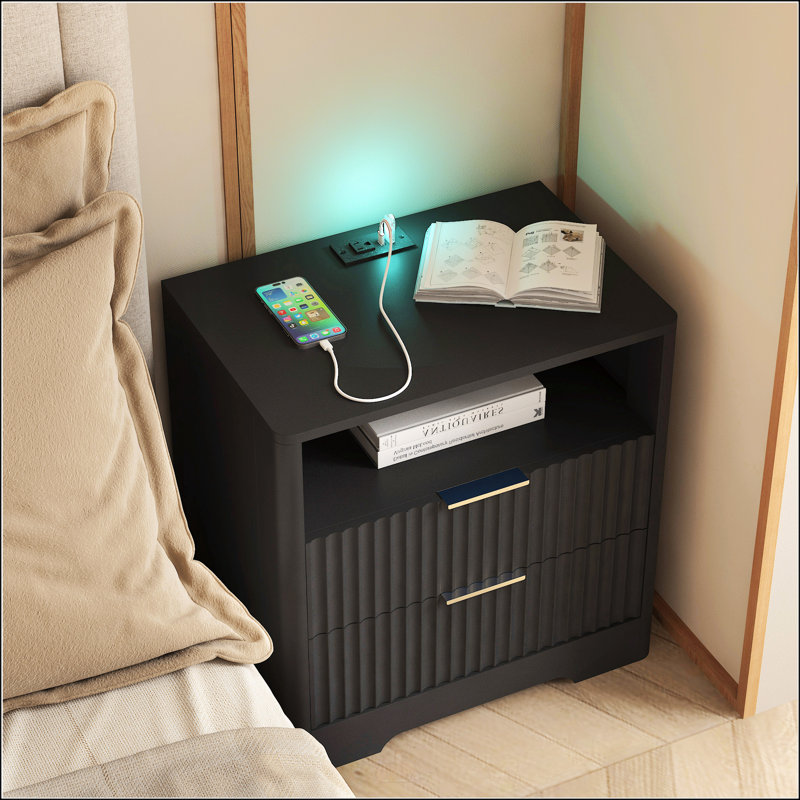 Table de chevet intelligente avec veilleuse à DEL à commande vocale et station de charge, noire, parfaite pour les chambres modernes