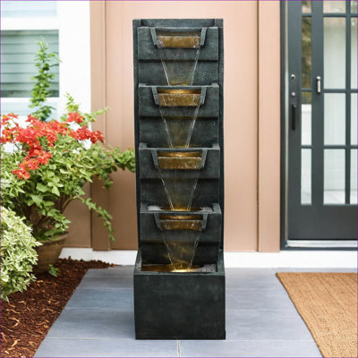 Fontaines | Fontaine grise moderne à 5 niveaux de 39,3 po de hauteur avec lumières DEL, pour patio de jardin intérieur | gris | résine