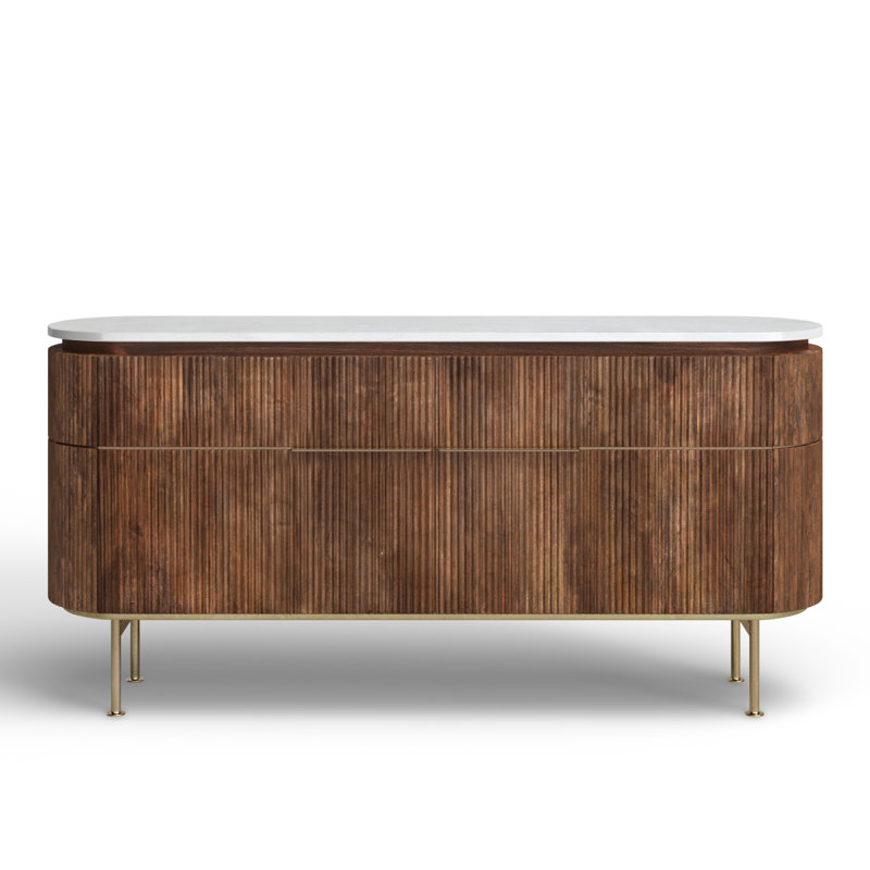 Marty Mango Wood and Marble TV Cabinet with Two Doors and Shelves, Natural