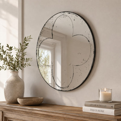 Round Wall Mirror with Quatrefoil Etched Design