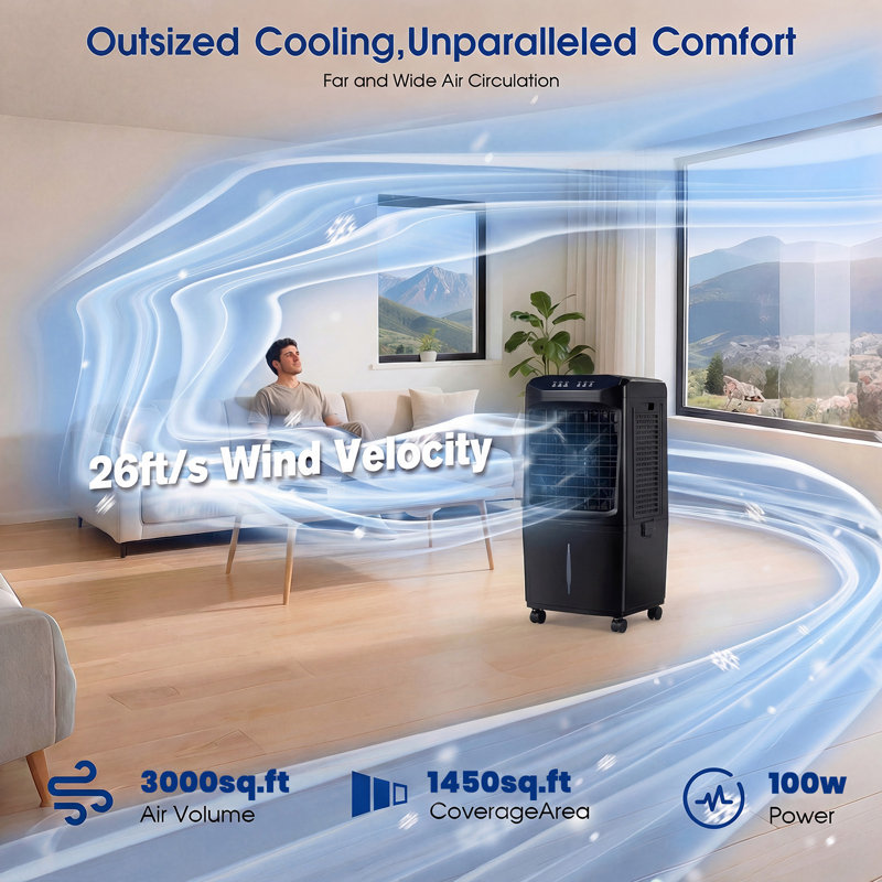 Refroidisseur d'air par évaporation portatif 3-en-1, 3000cfm avec réservoir d'eau 10 gallons, conception pliable, minuterie 12h et télécommande, noir