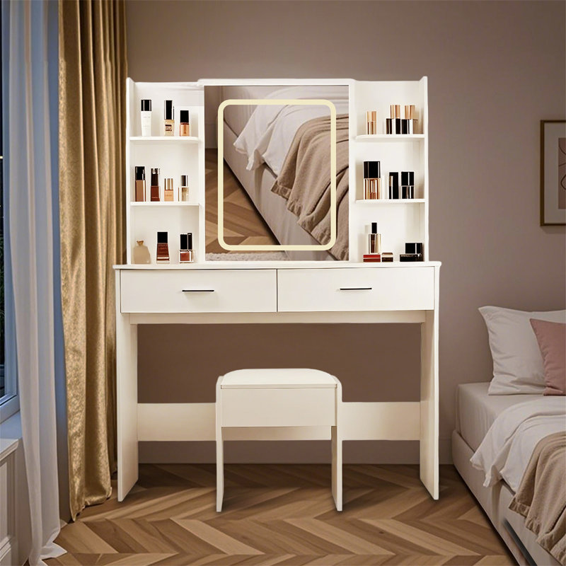 Vanity desk with mirror and lights, makeup vanity with 2 drawers and 6 storage shelves, 3 lighting modes adjustable brightness, vanity set with power outlet & cushioned stool for bedroom