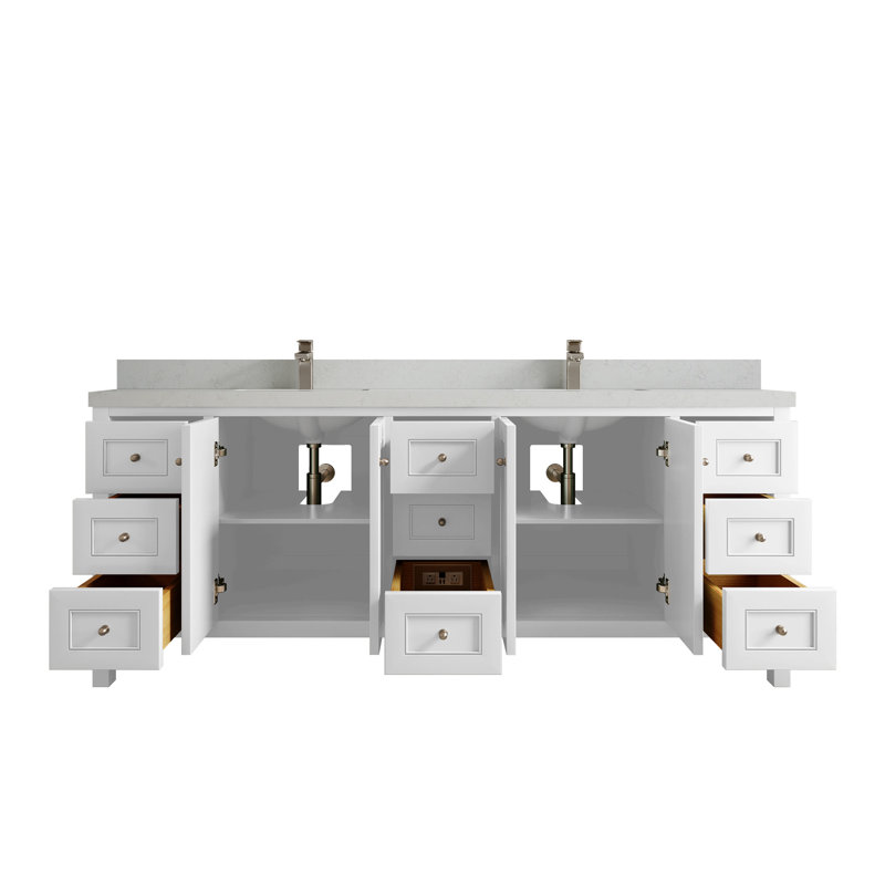 84 po Nashville X P 22 po De salle de bain double en albâtre, Blanc, Quartz de Carrare
