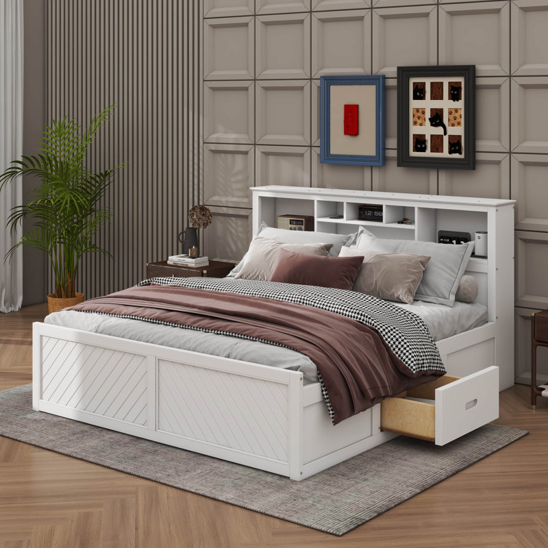 Très grand lit en bois avec tête de lit multi-rangement avec ports USB et tiroirs intégrés, Blanc