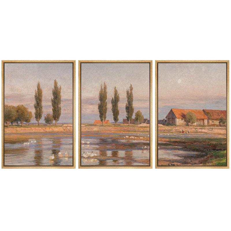 «Twilight Riviera Sunset Over Waterfront Nature Wilderness Illustration Decor Panoramic Earth» 3 - Pièces sur, Cadre blanc
