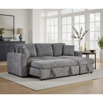 Reversible Sleeper Sectional Sofa With Built-In Storage Chaise, USB Charging Ports, Cupholders, And Pull-Out Bed Functionality For Modern Living Spaces.