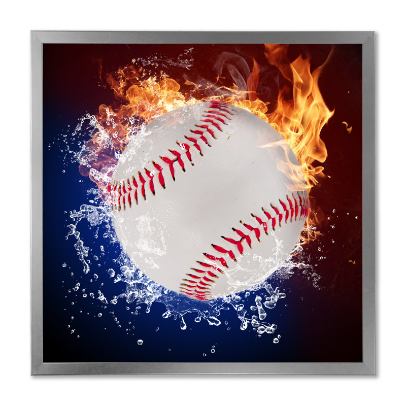 Baseball Ball In Fire Flames - on, Impression argent sur toile encadrée, H 36 po x l 36 po x P 1,5 po