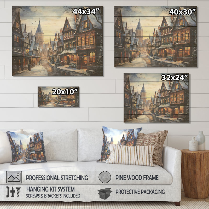 French Village Winter Sunset - Paysage d'hiver sur bois, H 34 po x l 44 po x P 0,78 po
