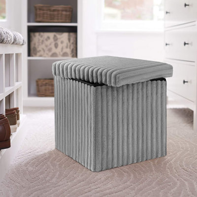 Foldable Ribbed Storage Ottoman Box with Lid, Multi-Purpose Hidden Storage Chest, Upholstered Seat and Footstool for Living Room or Bedroom
