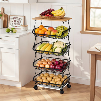 Chariot de rangement pour îlot de cuisine à roulettes avec plateau en bois, chariot utilitaire en acier robuste avec base convertible pour l'organisation de la cuisine et du garde-manger