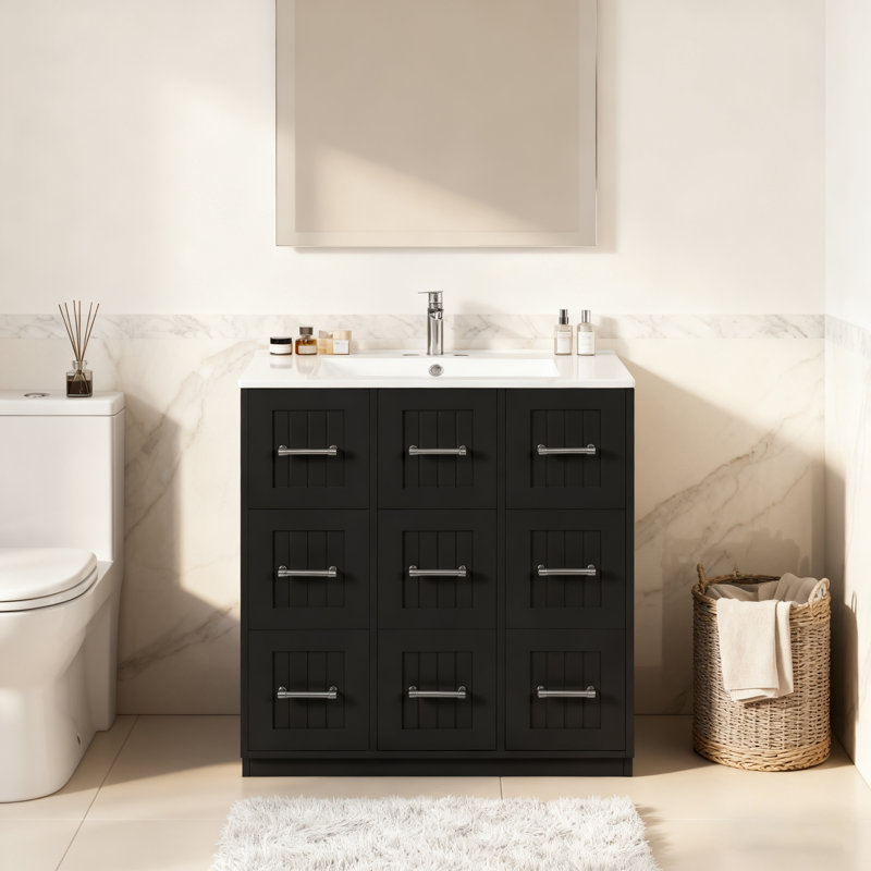 Meuble-lavabo autoportant avec lavabo et tiroirs, Noir