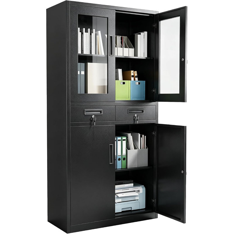 Armoire de rangement en métal noir de 180 cm (71 po) avec portes vitrées verrouillables et tablettes de bureau
