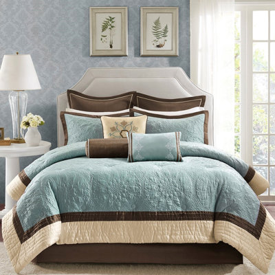 9 Piece Charmeuse Comforter In Blue For King, With Three Embroidered Pillows And Euro Shams Ornamental Decorative Stylish King Size Pillow