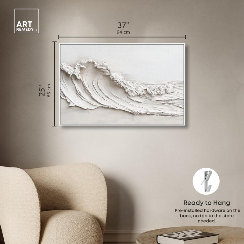 Vague sur toile blanche par Art Remedy, H 25 po x l 37 po, Blanc, Cadre flottant